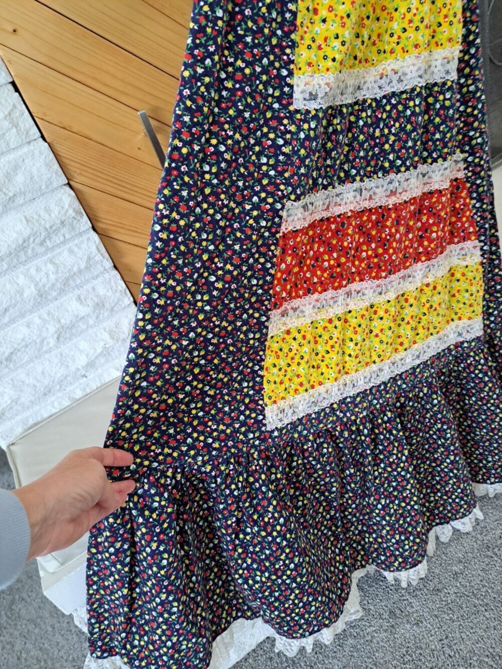 Vintage 70's Floral Patchwork Prairie Maxi Dress Lace Trim Multi-Color S Cotton - Picture 3 of 16